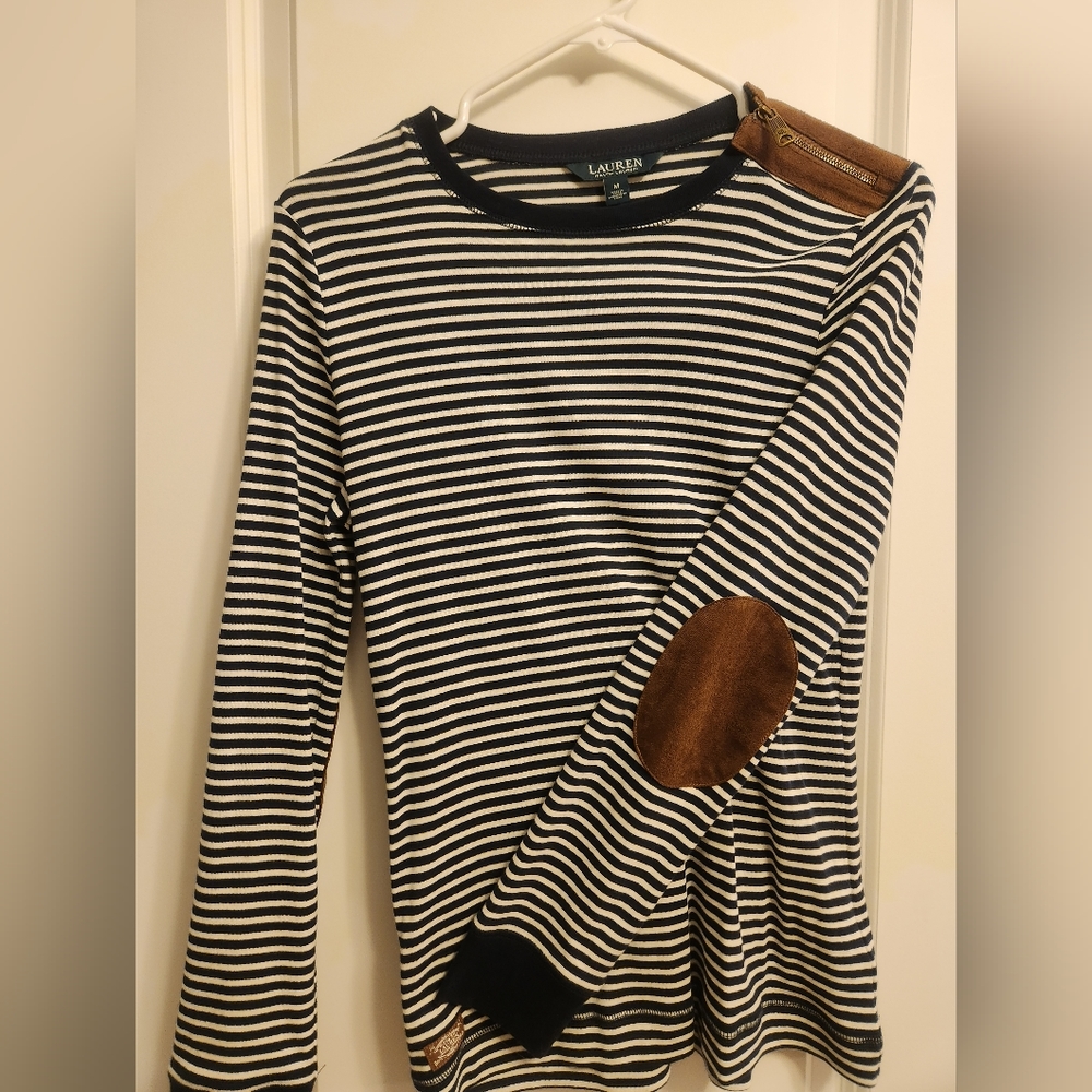 Lauren by Ralph Lauren striped long sleeve shirt w/ elbow patch & side zipper